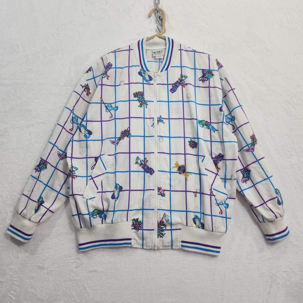 Vintage Koret Sport Jacket Womens L White Golf Print Grid Bomber Retro‎ Club 80s